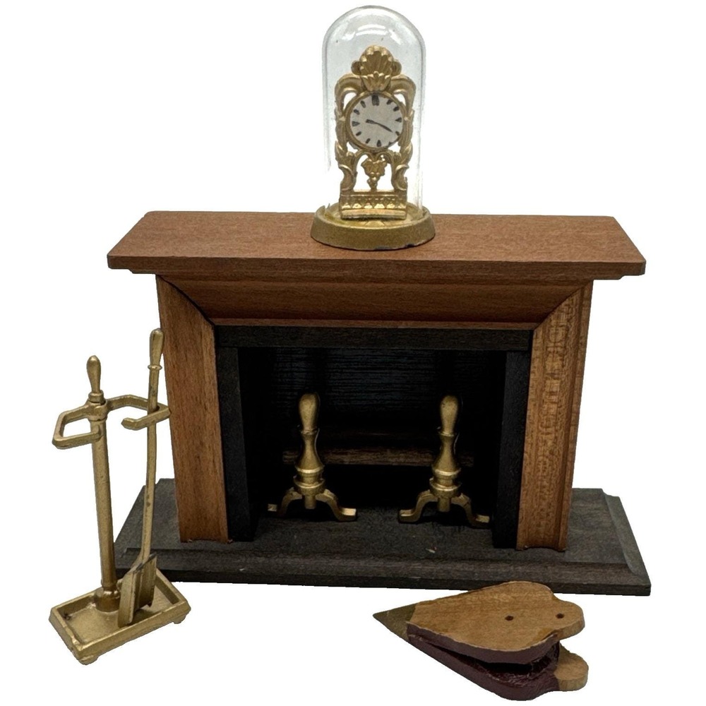 Shackman Dollhouse Wood Fireplace & Accessory Set Brass Tools Andirons Clock Vtg